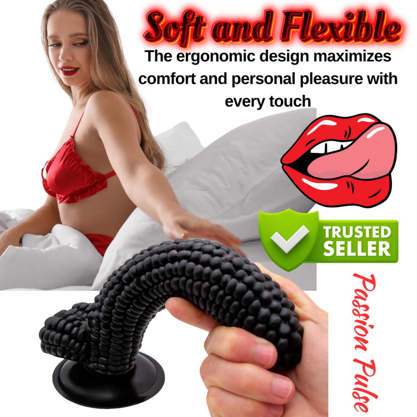 Dildo Sweet Love Corn PassionPulse, culoare neagră, detalii anatomice și aspect fun