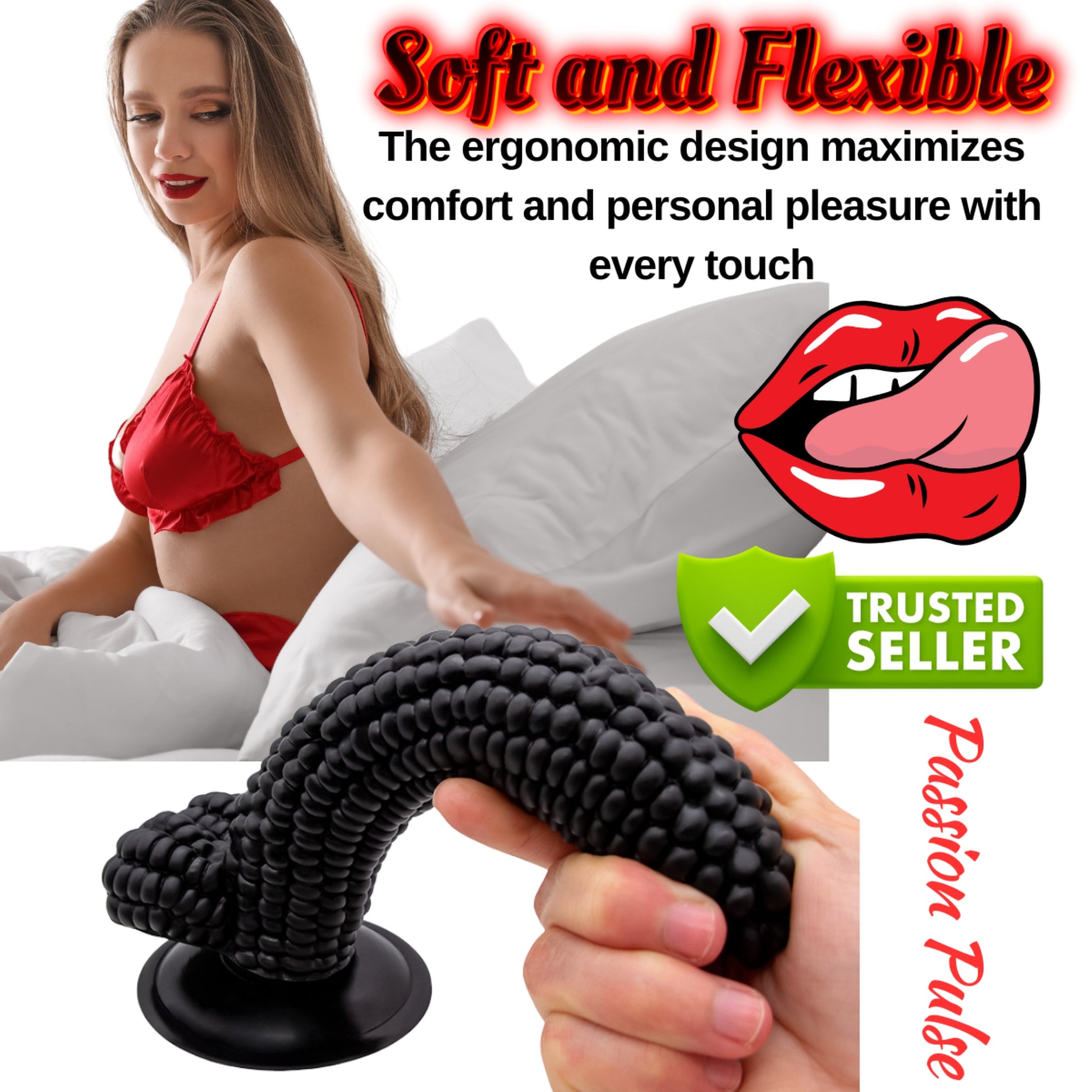 Dildo Sweet Love Corn PassionPulse, culoare neagră, detalii anatomice și aspect fun